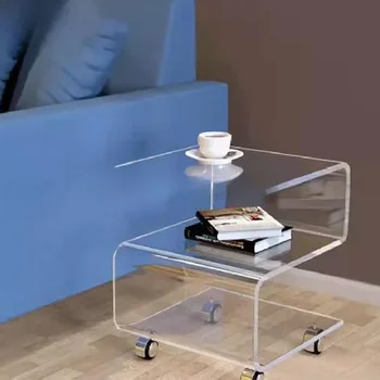 Креативный S-образный прозрачный акриловый журнальный столик на колесиках Прикроватный столик для хранения Передвижные угловые столики Мебель для дома 5