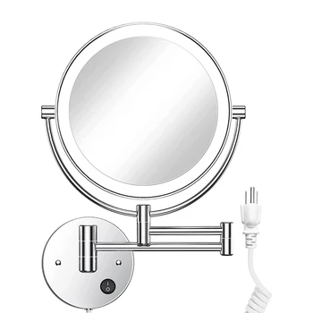 8,5-дюймовое настенное зеркало для макияжа со светодиодной подсветкой, круглое двустороннее, с 1X/10-кратным увеличением, с кнопкой подсветки, поворотное на 360 градусов, хромированная вилка из США 18