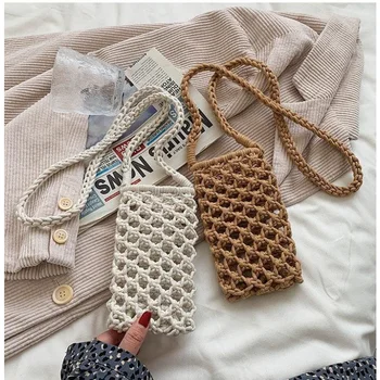 Женская модная маленькая сумка для телефона через плечо, однотонная, плетеная крючком, легкая плетеная сумка через плечо 1