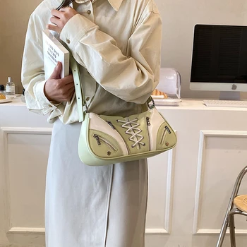 Классический Модный дизайн с новыми заклепками и шнурками, простая сумка через плечо на одно плечо, модные повседневные женские сумки для поездок на работу в стиле пэчворк 4