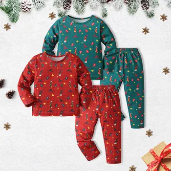 Топы и брюки с рождественскими мультяшными принтами с длинными рукавами для маленьких мальчиков, комплект одежды из 2 предметов, осенне-зимняя одежда 12