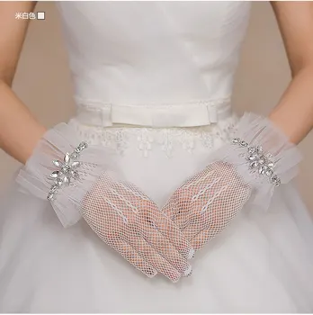Короткие свадебные перчатки из винтажного тюля, Новоприбывшие свадебные Варежки с полными пальцами, перчатки с кристаллами 8
