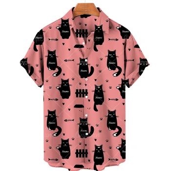 2023 Гавайская рубашка с абстрактным рисунком с кошачьим принтом, короткий рукав, свободная мужская и женская летняя пляжная повседневная рубашка большого размера, топ 14