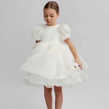 Белые платья для девочек-цветочниц на свадьбу с открытой спиной, элегантное праздничное платье для детского дня рождения с пышными рукавами, детский костюм для причастия 13