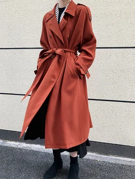 Наслаждайтесь весенне-осенними женскими винтажными свободными ветровками средней длины, рабочей одеждой, Корейскими модными двубортными тренчами, пальто 2