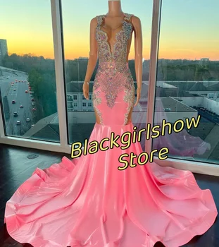 Розовые вечерние платья в стиле русалки, роскошная элегантная атласная прозрачная аппликация с v-образным вырезом и бриллиантами, вечерние платья Барби 2024
