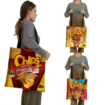 Милая хозяйственная сумка с принтом картофельных чипсов, женская сумка для покупок через плечо, сумка для хранения продуктов большой емкости, Женская сумочка, Эко-сумки для покупок 22
