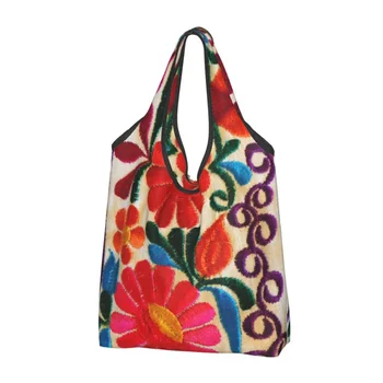 Мексиканские цветы, искусство вышивки, Бакалейная лавка, женская текстильная народная сумка для покупок с цветочным рисунком, сумка для покупок большой емкости 2