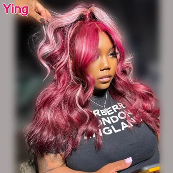 Яркий Бордово-розовый Смешанный 200% Объемный парик 13x4 с кружевами Спереди, предварительно выщипанный из детских волос, 34 дюйма 13x6 Прозрачный Парик с кружевами спереди. 1