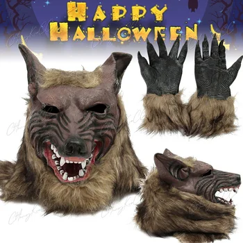 Маски Ужасов на Хэллоуин, Латексная Резина, Косплей, Волчья голова, маска для волос, перчатки-Оборотни, Страшный реквизит для костюмов, Карнавальная вечеринка, переодевание 18
