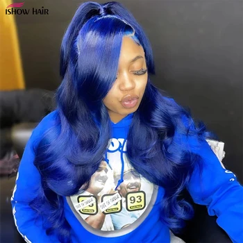 Синий парик с кружевом спереди, предварительно выщипанный бесклеевой объемный парик из человеческих волос для женщин, бразильский прозрачный парик с кружевом спереди 13x4 HD 12