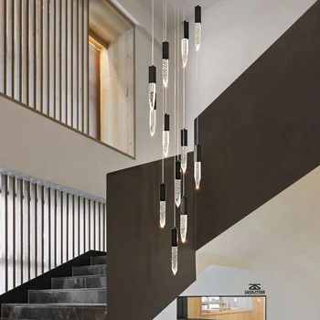 Современная потолочная люстра в стиле лофт, роскошный дизайн, гостиная, светодиодная лампа с пузырьковым кристаллом, Лестница в высоком холле, черный подвесной светильник 21