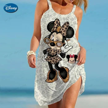 Женские пляжные платья Disney-платья с Микки и Минни для женщин 2023, летняя мода, слинг-принт, сексуальное облегающее пляжное повседневное Оверсайз