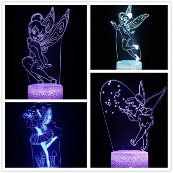 Мультфильм Диснея 3D Свет, Фея Динь-Динь, Акриловая 3D Иллюзионная лампа, принцесса, светодиодный ночник для декора спальни, Настольная лампа, подарки 23