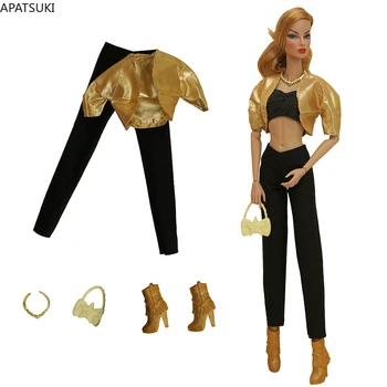 Золотисто-черный комплект модной кукольной одежды для Барби, Наряды 1/6, Аксессуары для кукол Барби, пальто, брюки, Ботинки, сумка, ожерелье 20