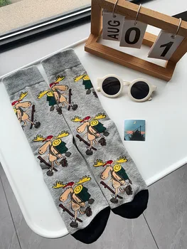 CHAOZHU 1 пара серых забавных мужских носков с рисунком милого лося, длинные носки для экипажа, модные жаккардовые 7