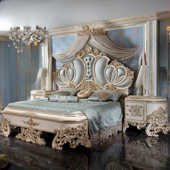 Итальянская европейская роскошная двуспальная кровать из массива дерева, 2 метра французской дворцовой ткани, кровать принцессы, мебель для виллы на заказ