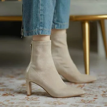 Женские ботинки 2022 года на высоком каблуке, Осенне-зимние эластичные тонкие сапоги в корейском стиле, ботинки с острым носком, женские пинетки 20
