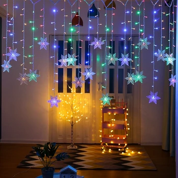Рождественские огни, наружное украшение, подвесные светодиодные фонари в виде снежинок, гирлянды для занавесок, вечерние украшения карнизов в саду. 22