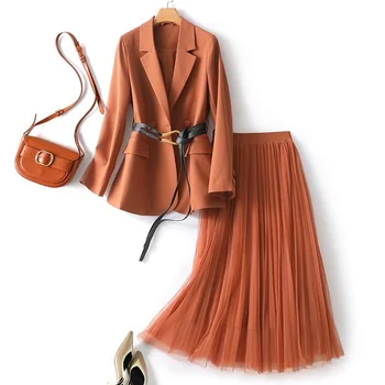 Офисные женские костюмы-блейзеры, юбки, комплекты платьев из двух частей для женщин, элегантный наряд, Весенняя мода, Conjuntos De Vestidos, Оранжевый 4