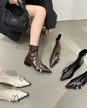 Обувь на плоском каблуке, женские резиновые сапоги, роскошные дизайнерские ботинки-Женская зимняя обувь на молнии, Модная женская обувь с заостренным носком, низкая посадка 2023 года 16