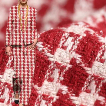 50x145 см Модная красно-белая клетчатая плетеная ткань из твида, окрашенная пряжей, для женщин, осенняя куртка, платье, костюм, пальто, сумочка, ткань 