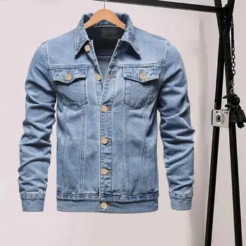 Весна 2023, Мужские джинсовые куртки с отворотами, Модные Мотоциклетные джинсовые куртки, Мужские Повседневные Черные синие пальто из хлопка Slim Fit 15