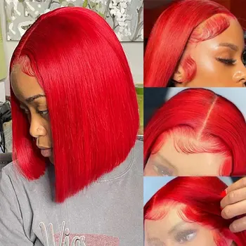 Красный Короткий парик из человеческих волос с кружевом спереди для женщин, Бразильские Прозрачные парики с кружевом спереди размером 13x4, Прямой парик с кружевом 4x4, парик с кружевом спереди 15