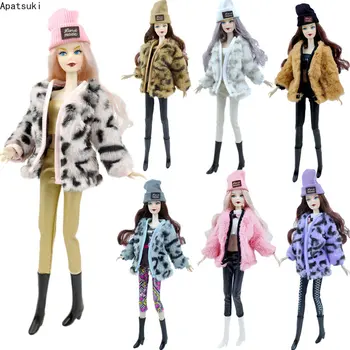 Модная кукольная одежда с леопардовым мехом, комплект одежды для Барби, аксессуары для кукол 1/6 для Барби, пальто, укороченные брюки, Шляпа, Ботинки, игрушки 21