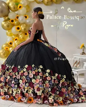 Черные Пышные платья Принцессы с 3D Цветочным Рисунком, Пышная юбка С Открытыми Плечами, Корсет на шнуровке, vestidos de 15 años Quinceañeras 2023 11