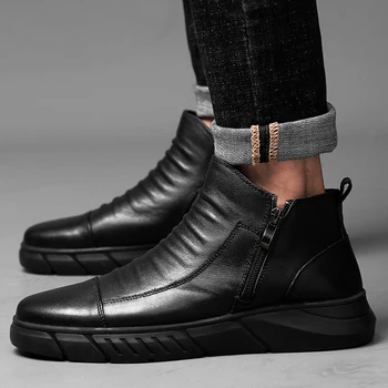 Модная мужская обувь 2023 года; Мужские ботинки на молнии; Зимние однотонные теплые плиссированные короткие сапоги на низком каблуке с круглым носком;