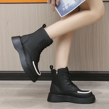 2023 г., Высококачественная Женская обувь, Женские ботинки с перекрестной шнуровкой, Модные Ботильоны на платформе с круглым носком, Женская обувь 17