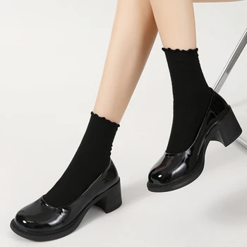 Женская обувь; Лидер продаж 2023 года; Весенне-осенние Женские туфли-лодочки Mary Jane; Однотонные туфли с круглым носком без застежки на высоком каблуке Высокого качества 16
