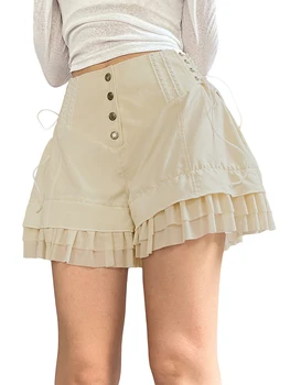 Женские летние эстетичные шорты, многослойные короткие брюки с высокой талией и завязками сбоку на пуговицах 6