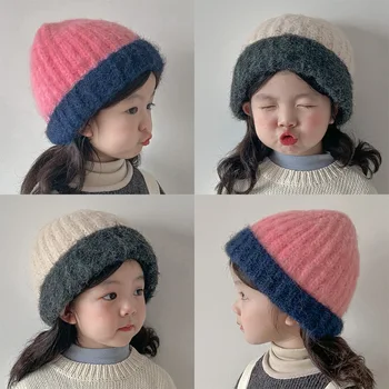 Детская шерстяная шапка, уютная вязаная шапка-пуловер с цветными вставками на осень и зиму, шапка из кожи дыни в корейском стиле для мальчиков и девочек 9