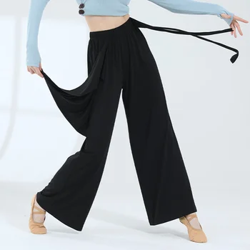 Современные танцевальные брюки для женщин, Мягкая Свободная лента, Широкие танцевальные брюки, китайские Классические танцевальные женские штаны для йоги 13