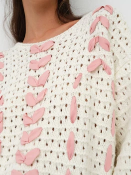 Женский вязаный свитер с длинным рукавом, круглым вырезом, выдолбленный пуловер контрастного цвета, теплый свитер на осень-зиму