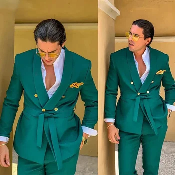 Зеленые мужские костюмы для свадьбы с поясом, двубортный официальный костюм жениха для путешествий, Homme (куртка + брюки)