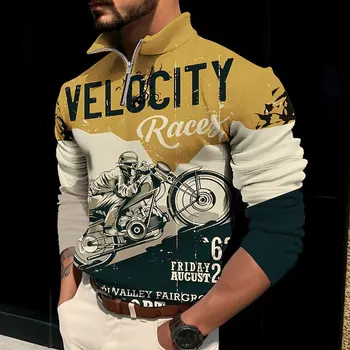 Винтажный мужской свитер на молнии, топы с длинными рукавами с мотоциклетным принтом, ретро толстовки оверсайз для мужчин, осенняя мода, мужской пуловер с капюшоном 17