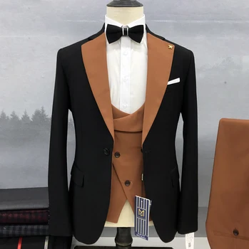 2023 Новый мужской комплект Черный костюм Оранжевый край стоячий воротник Деловой Формальный Роскошный свадебный комплект из трех предметов (куртка + брюки + жилет) 16