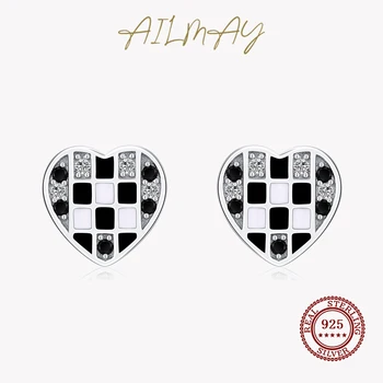 Ailmay, модное сердце из стерлингового серебра 925 пробы, черная эмаль, бриллиантовая сетка, Циркониевые серьги-гвоздики для женщин, ювелирный подарок на День Святого Валентина