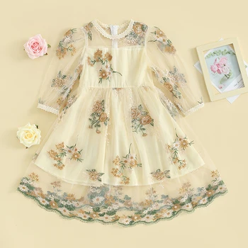 Повседневное платье для девочек, платье с длинными рукавами и круглым вырезом, осеннее платье в стиле пэчворк с цветочной вышивкой 13