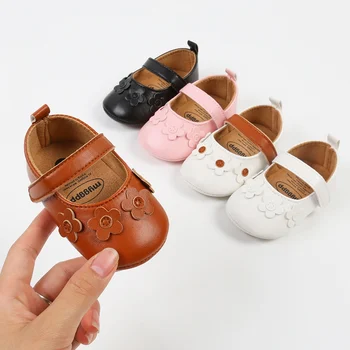 Детская кожаная обувь, обувь принцессы с цветочным рисунком для девочек 2024 года, кроссовки для новорожденных на противоскользящей резиновой подошве, нескользящие кроссовки для малышей, первые ходунки 6