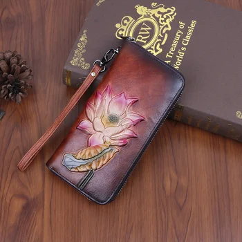Женский кошелек-клатч из натуральной кожи, удобная сумка с принтом, женские ретро-зажимы для карт, длинный кошелек с цветком лотоса. 22