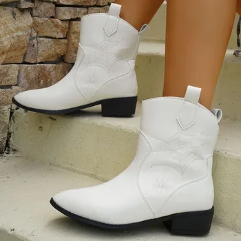 Женские ботинки в западном стиле на квадратном каблуке 2023, осенне-зимняя однотонная обувь с вышивкой и острым носком, уличные женские ботильоны 17