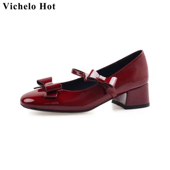 Vichelo/ Модные весенне-осенние туфли Mary Janes из лакированной кожи с круглым носком и узлом-бабочкой, Милые Элегантные женские туфли-лодочки на низком каблуке 6