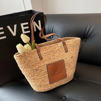 Модная дизайнерская женская наплечная высококачественная соломенная сумка с ручкой из искусственной кожи, летняя пляжная сумка из латана, роскошная дорожная сумка-корзина. 12