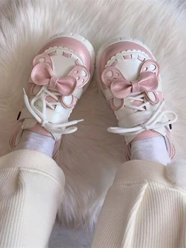 Розовая Обувь Мэри Джейнс в стиле Лолиты Каваи; Женская Обувь Принцессы С Бантом и круглым носком; Женская Повседневная Модная Обувь На плоской подошве с ремешками; Новинка 2023 года 16