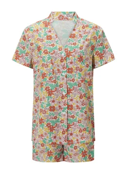 Рубашка на пуговицах, шорты, Пижамный комплект, женская блузка с цветочным рисунком, шорты, комплект одежды для отдыха, Пижамный комплект 8