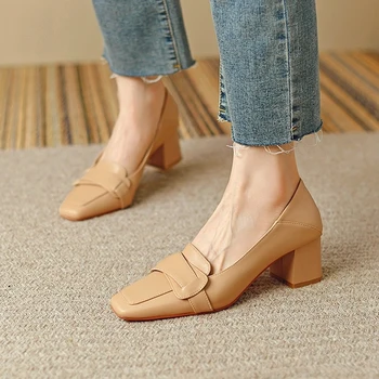 Корейская обувь, осенние повседневные женские кроссовки без застежки, лоферы с мехом, Женская обувь из натуральной кожи с квадратным носком. 18